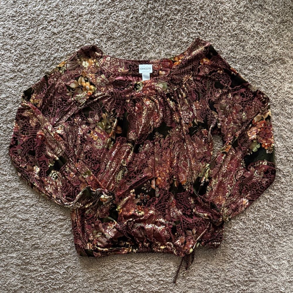 Chico's Burgundy Floral Peasant Blouse size L Fall Goblincore Whimsigoth